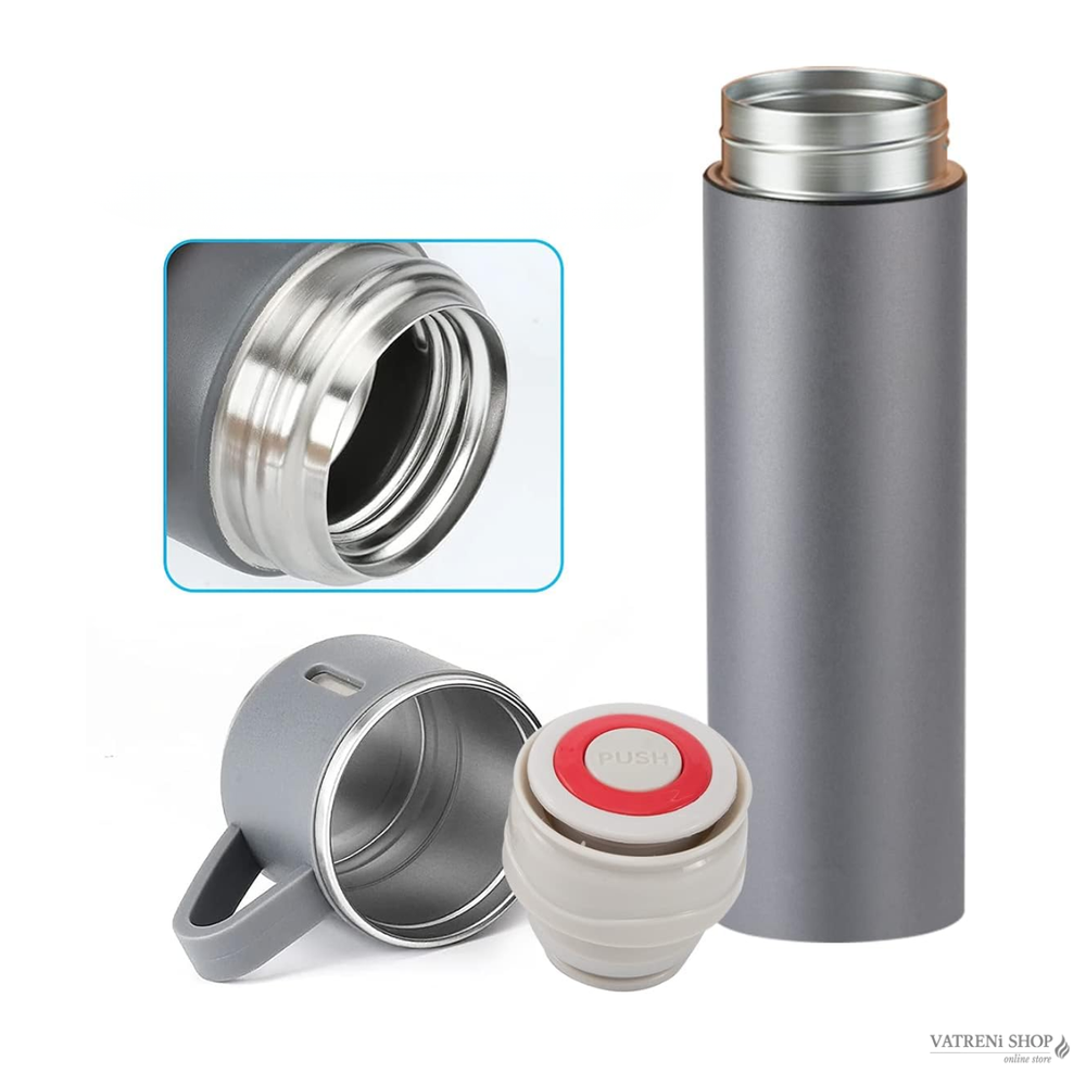 Termosica s čašama 400 ml - siva inox termosica za kavu, čaj i putovanja slika 2