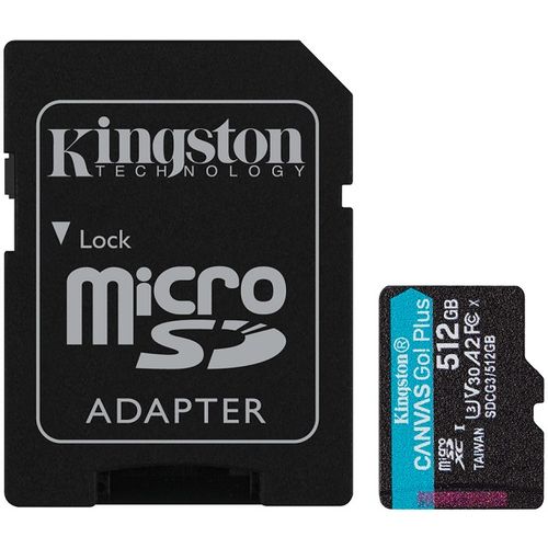 Kingston SDCG3/512GB MicroSD 512GB, Canvas Go! Plus, Class10 UHS-I U3 V30 A2, Read up to 170MB/s, Write up to 90MB/s, for 4K and FullHD video recording, w/SD adapter slika 1