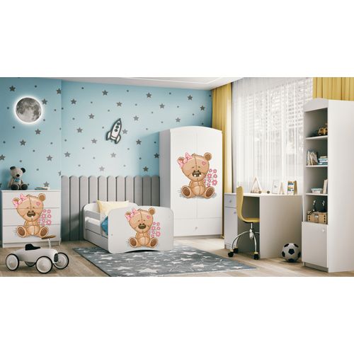 Drveni Dečiji Krevet Meda Sa Cvećem Sa Fiokom - Beli - 160x80Cm slika 2