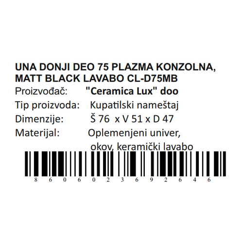 Ceramica lux   Una donji deo 75 plazma konzolna, matt black lavabo CL-D75MB 300260 slika 4