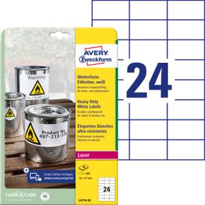 Avery Zweckform L4718 iznimo otporne naljepnice A4 70x37mm vodootporne 20 listova 480 naljepnica bijele