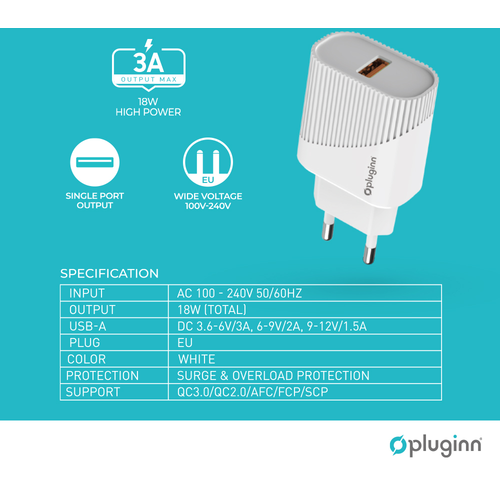 Kućni punjač Pluginn PI-D52S, QC3.0 18W sa Type C kablom beli slika 2