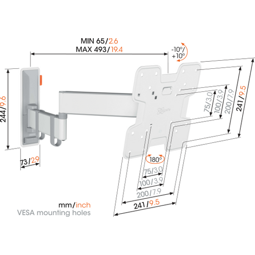 Vogels TVM3243WH, zidni nosač za ekrane od 19"-43", nagib do 20° pomak 180° slika 3