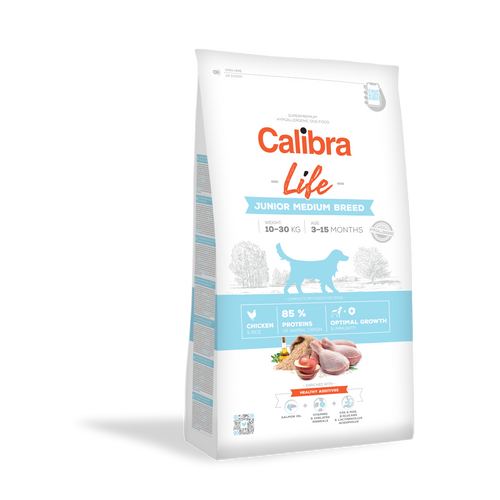 Calibra Dog Life Junior Medium Breed Chicken, potpuna i uravnotežena superpremium hipoalergena dehidrirana hrana za štence i mlade pse (3–15 mjeseci) srednje velikih pasmina (10–30 kg), 12 kg slika 1