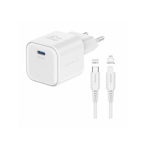 SWISSTEN punjač za AC220, GaN, 20W, 1xUSB-C, 3A, bijeli + Lightning kabel slika 2