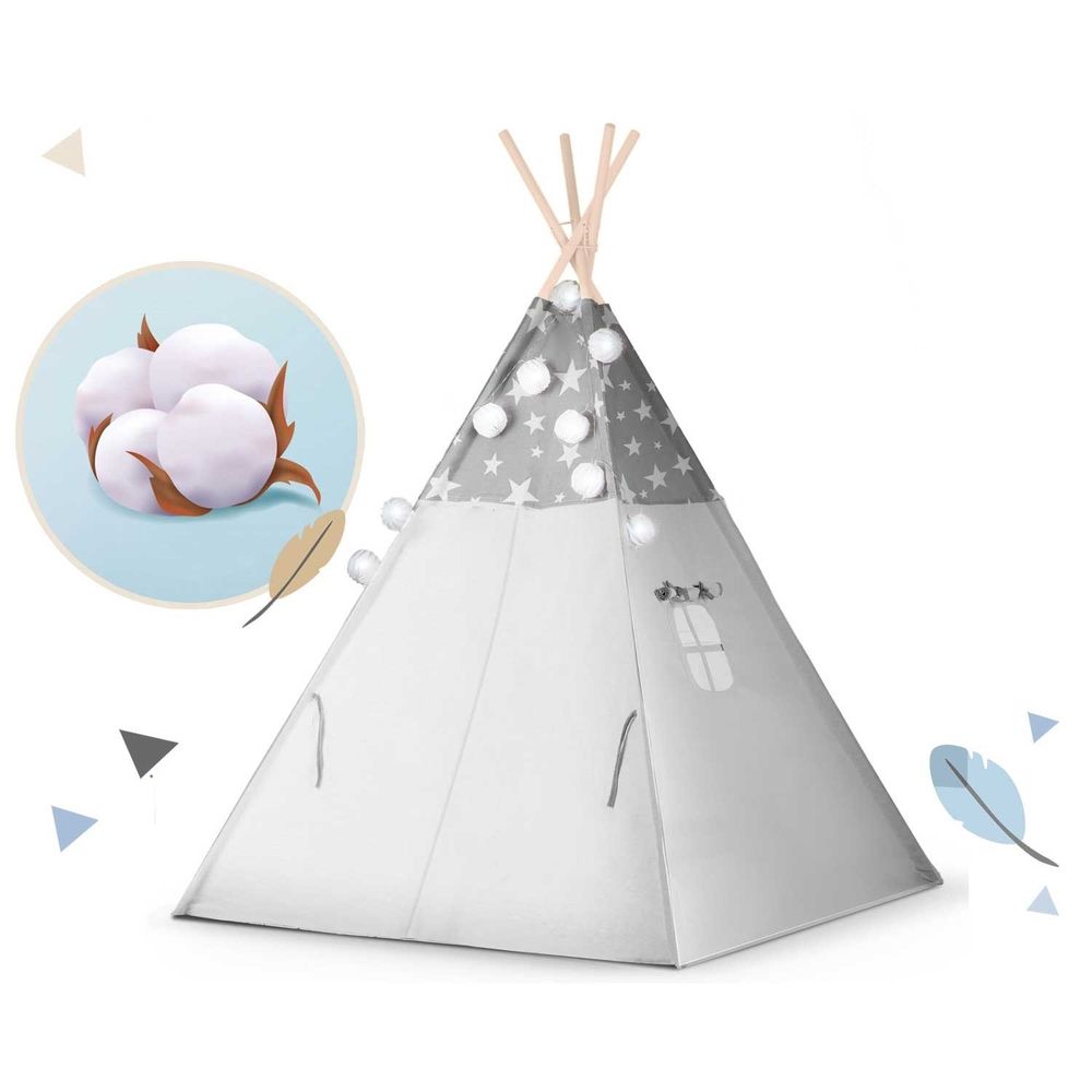 Teepee šator za djecu s girlandom i nukido svjetlima - sivi sa zvjezdicama slika 3
