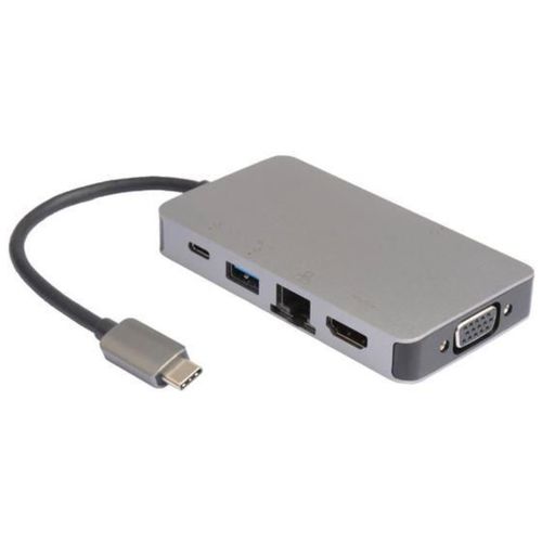 E-GREEN Adapter USB 3.1 tip C (M) - HDMI + VGA + 2xUSB 3.0 + RJ45 + tip C (F) beli slika 1