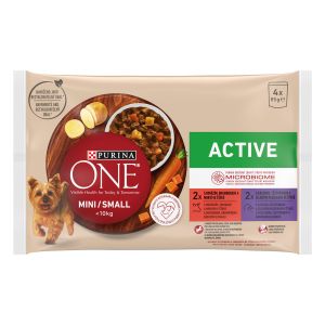 Purina ONE® Active (4x85g) s govedinom, krompirom i mrkvom u umaku s patkom, tjesteninom i mahunama u umaku