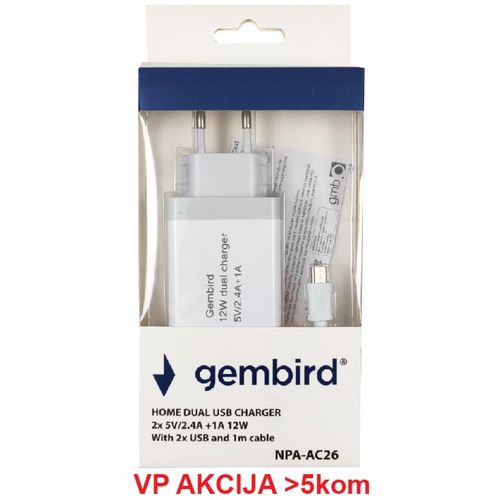 NPA-AC26 ** Gembird punjac za telefone i tablete 2x5v/24A+1A 12W +micro USB DATA kabl 1M (263) slika 1