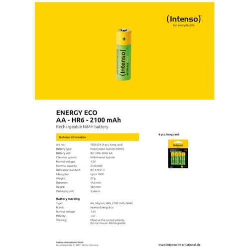 (Intenso) Baterija punjiva AA / HR6, 2100 mAh, blister 4 komada - AA / HR6/2100 slika 3