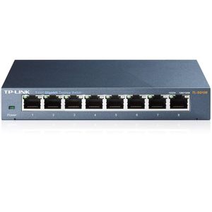 Switch TP-Link TL-SG108, 8-port Metal Gigabit Switch, 5 10/100/1000M RJ45 ports, supports GMP Snooping; IEEE 802.1p QoS; Plug and Play; metal case