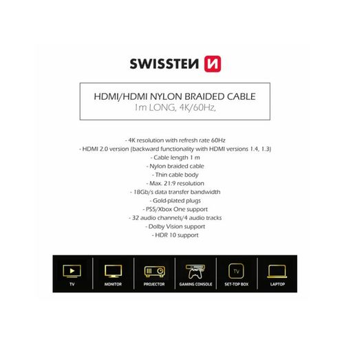 SWISSTEN kabel HDMI 2.0, 60Hz, 18GB/s, 4K, do 21:9, 1m, pozlaćeni konek, crni slika 4