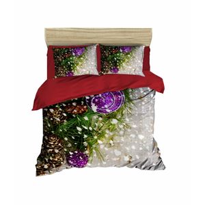 Set Posteljine 409 Crveno-Bijelo-Ljubičasto-Zeleni Dvostruki Prekrivač