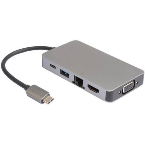 E-GREEN Adapter USB 3.1 tip C (M) - HDMI + VGA + 2xUSB 3.0 + RJ45 + tip C (F) beli slika 1