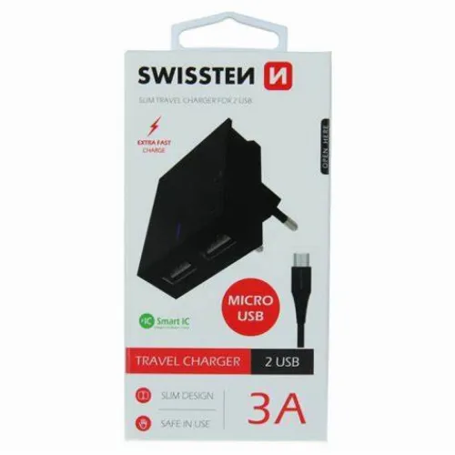 Swissten punjač 2x USB 3A+ kabl micro USB 1,2m crna slika 3