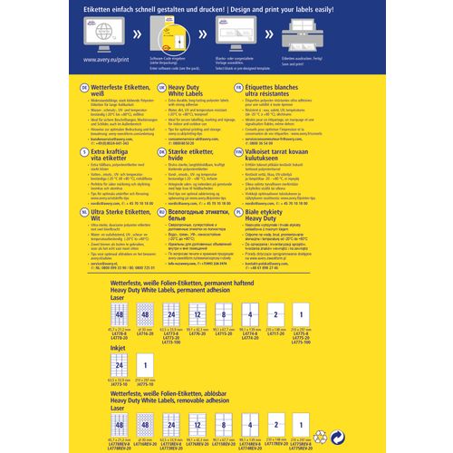 Avery Zweckform L4718 iznimo otporne naljepnice A4 70x37mm vodootporne 20 listova 480 naljepnica bijele slika 3
