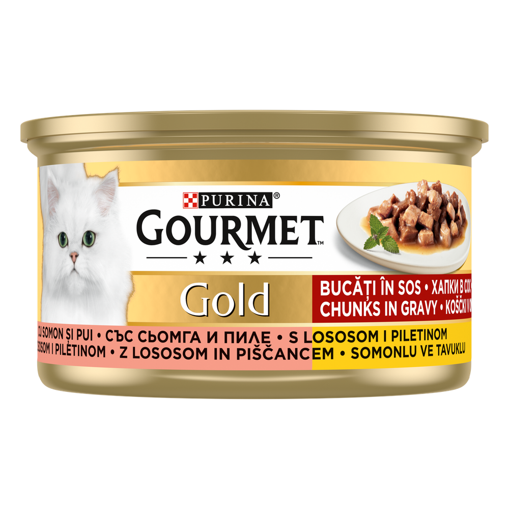 GOURMET GOLD Hrana za mačke, komadići u umaku piletina i losos, 85g slika 2