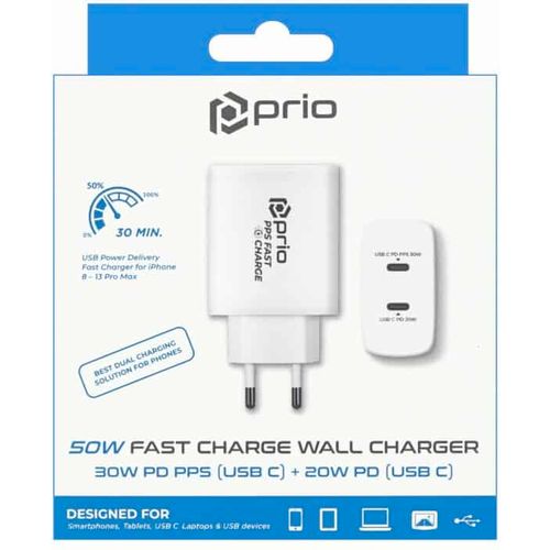 Prio 50W zidni punjač za brzo punjenje 30W PD PPS (USB C) + 20W PD (USB C) bijeli slika 2