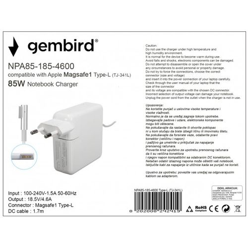 NPA85-185-4600 (TJ-341L Apple Type-L) Gembird punjac za MacBook 85W-18.5V-4.6A, Magsafe1 Type-L slika 3
