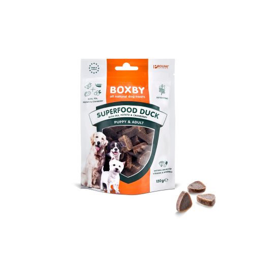 Boxby Poslastica za pse Puppy & Adult Super Food Patka, Grašak i Brusnica, 120 g slika 1