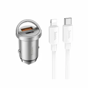 HOCO auto punjač USB A + Type-C + kabel Type-C na Lightning PD QC3.0 4A 45W NZ10 srebrni