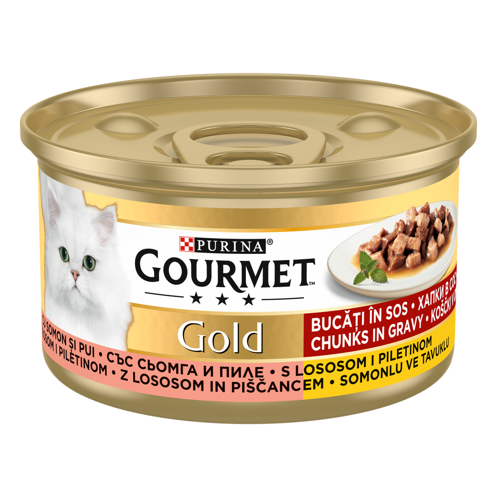 GOURMET GOLD Hrana za mačke, komadići u umaku piletina i losos, 85g slika 1