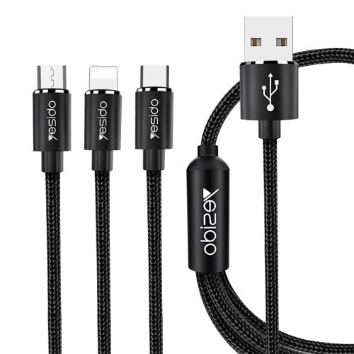 Yesido - Podatkovni kabel (CA-60) - 3u1 USB na Type-C-Lightning - Micro USB  60W 3A 1.2m - crni slika 1