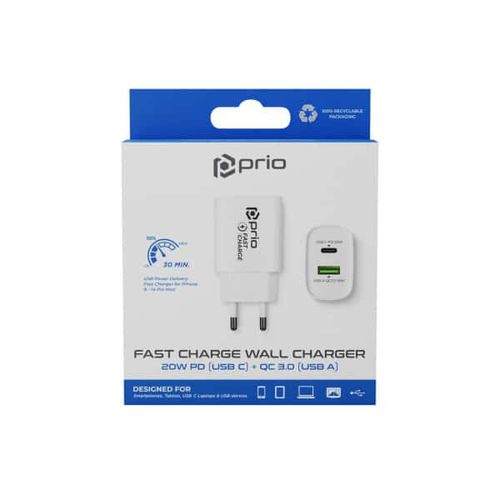 Prio Fast Charge zidni punjač 20W PD (USB C) + QC 3.0 (USB A) bijeli slika 4