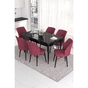 Proširivi Trpezarijski Sto i Stolice Set (7 Dijelova) Eva - Crni Mramor, Burgundija