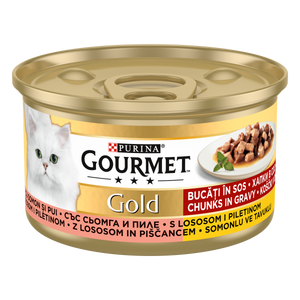 GOURMET GOLD Hrana za mačke, komadići u umaku piletina i losos, 85g