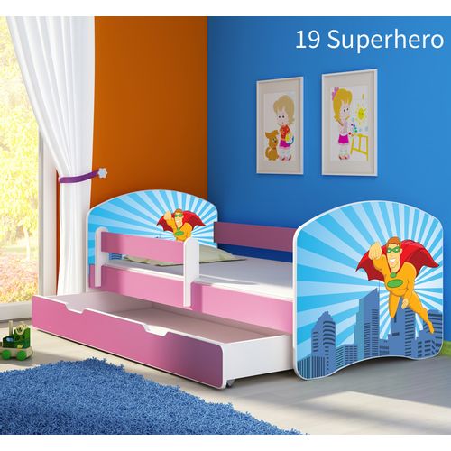 Dječji krevet ACMA s motivom, bočna roza + ladica 140x70 cm 19-superhero slika 1