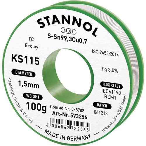 Stannol KS115 lemna žica, bezolovna svitak  Sn99,3Cu0,7 100 g 1.5 mm Bezolovna lemna žica KS115 573256 Stannol slika 2