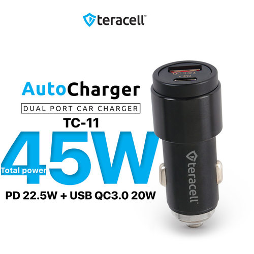 Auto punjac Teracell Evolution TC-11 PD 22.5W + USB QC3.0 20W, 45W (total) sa Lightning kablom crni slika 1