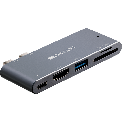 CANYON DS-5 Multiport Docking Station with 5 port, with Thunderbolt 3 Dual type C male port, 1*Thunderbolt 3 female+1*HDMI+1*USB3.0+1*SD+1*TF. Input 100-240V, Output USB-C PD100W&amp;USB-A 5V/1A, Aluminium alloy, Space gray, 90*41*11mm, 0.04kg slika 3