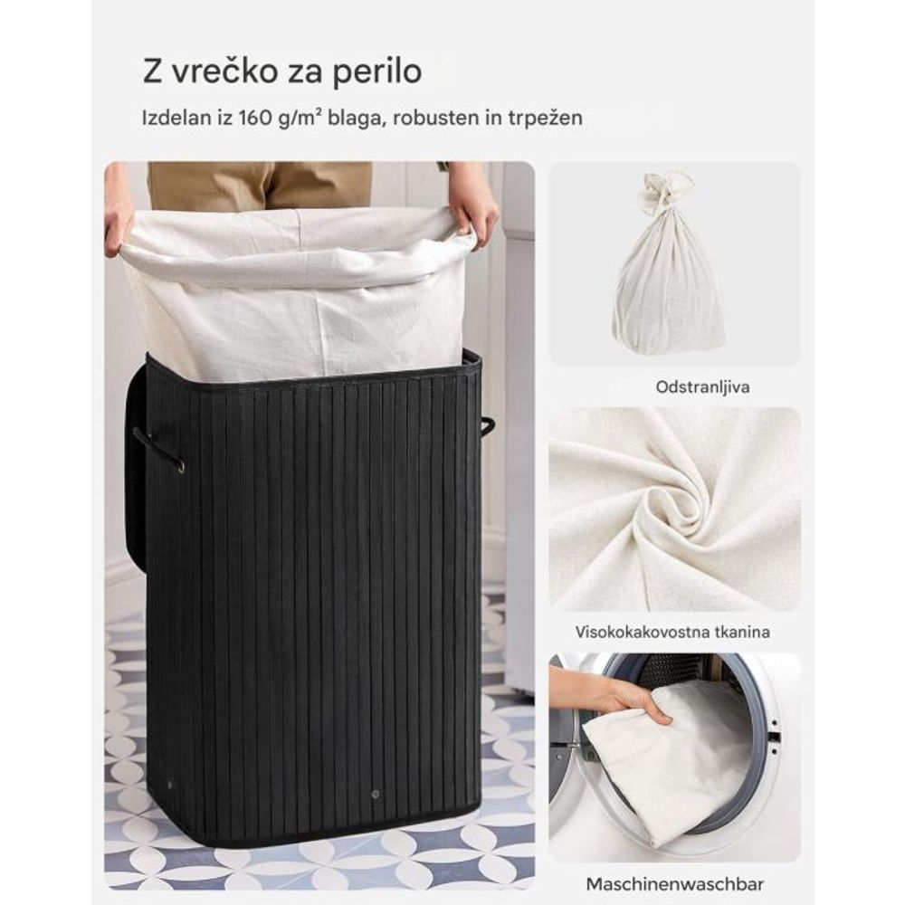 Songmics sklopiva košara za rublje od bambusa s poklopcem, crna, 72 l slika 4
