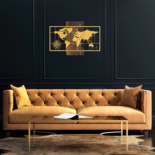Wallity Drvena zidna dekoracija, World Map Wıth Compass - Gold slika 1