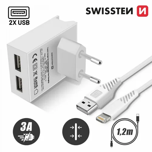 Swissten punjač 2x USB 3A + kabl Lightning 1,2m bela slika 2