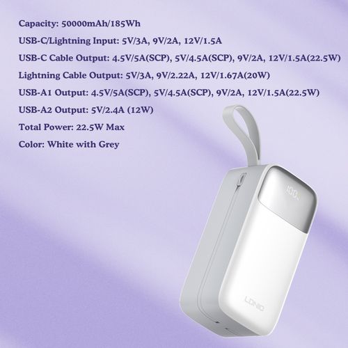 LDNIO POWER BANK 50000mAh 22,5W 5V 3A 2 PORT (2A) + 2 CABLE (1C1L) PQ50 slika 10