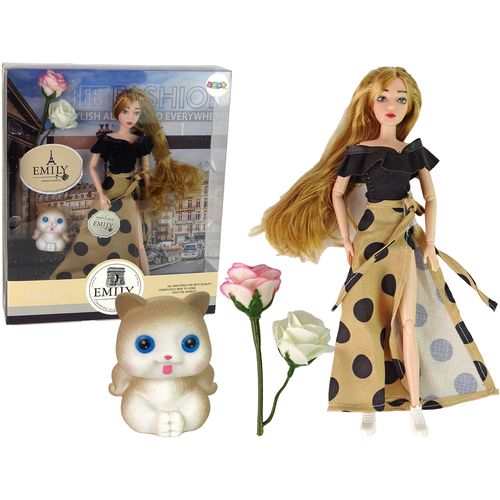 Lutka Emily u haljini na točkice s macom slika 1