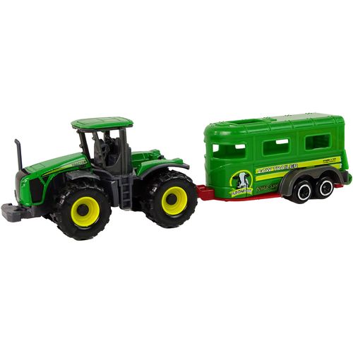 Zeleni traktor s prikolicom za prijevoz stoke slika 2