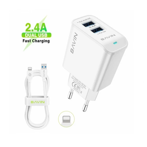 BAVIN punjač 2xUSB-A 2,4A +kabl lightning bela slika 1