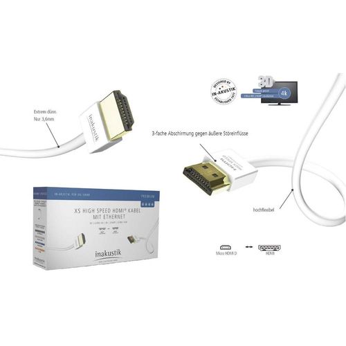 Inakustik HDMI priključni kabel HDMI A utikač, HDMI Micro D utikač 3.00 m bijela 004246303 audio povratni kanal (arc), pozlaćeni kontakti HDMI kabel slika 2