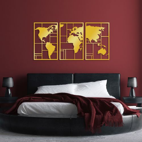 Wallity Metalna zidna dekoracija Golden Triple World Map slika 3