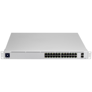 UBIQUITI Pro 24 PoE; (16) GbE PoE+, (8) GbE PoE++ ports; (2) 10G SFP+ ports; 400W total PoE availability; DC power backup-ready; Layer 3 switching; Near-silent cooling.