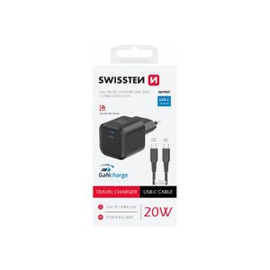 SWISSTEN punjač za AC220, GaN, 20W, 1xUSB-C, 3A, crni + USB-C kabel