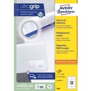 Avery Zweckform 3659 višenamjenske naljepnice A4 ultragrip 97x42,3mm 100 listova 1.200 naljepnica bijele