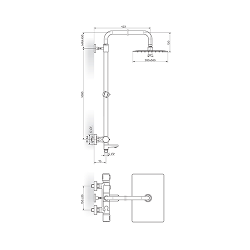 Rosan Thermo S.2 Termostatska baterija sa usponskim tušem 200x300mm i izlivom slika 2