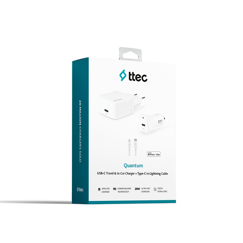 Ttec Quantum PD 20W Wall Charger+ 20W Car Charger + Type-C/Lightning Cable, Mfi Apple Licence slika 2