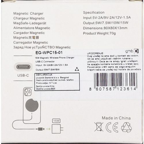 EG-WPC15-01 Gembird Magnetic Wirelles Charger 15W, TYPE-C, 5V/2A, 9V/2A, 12V/1.5A MagSafe slika 2