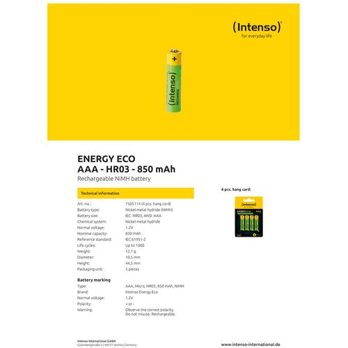 (Intenso) Baterija punjiva AAA / HR03, 850 mAh, blister 4 kom - AAA / HR03/850 slika 3